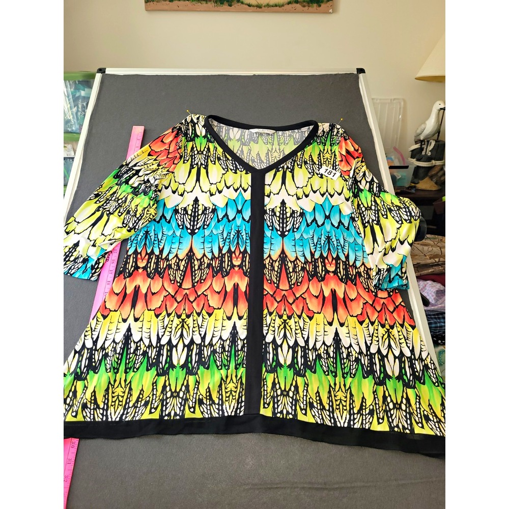 Peter Nygard Womens 2XL Multicolor Abstract V-Neck 3/4 Chiffon Sheer Blouse